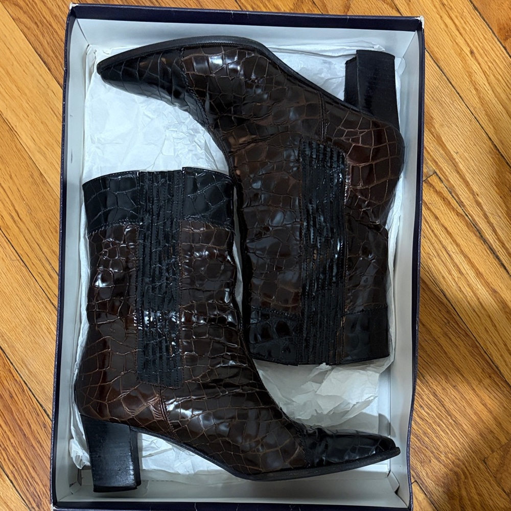 Stuart Weitzman Butte Brown and Black Croc-Embossed Boots